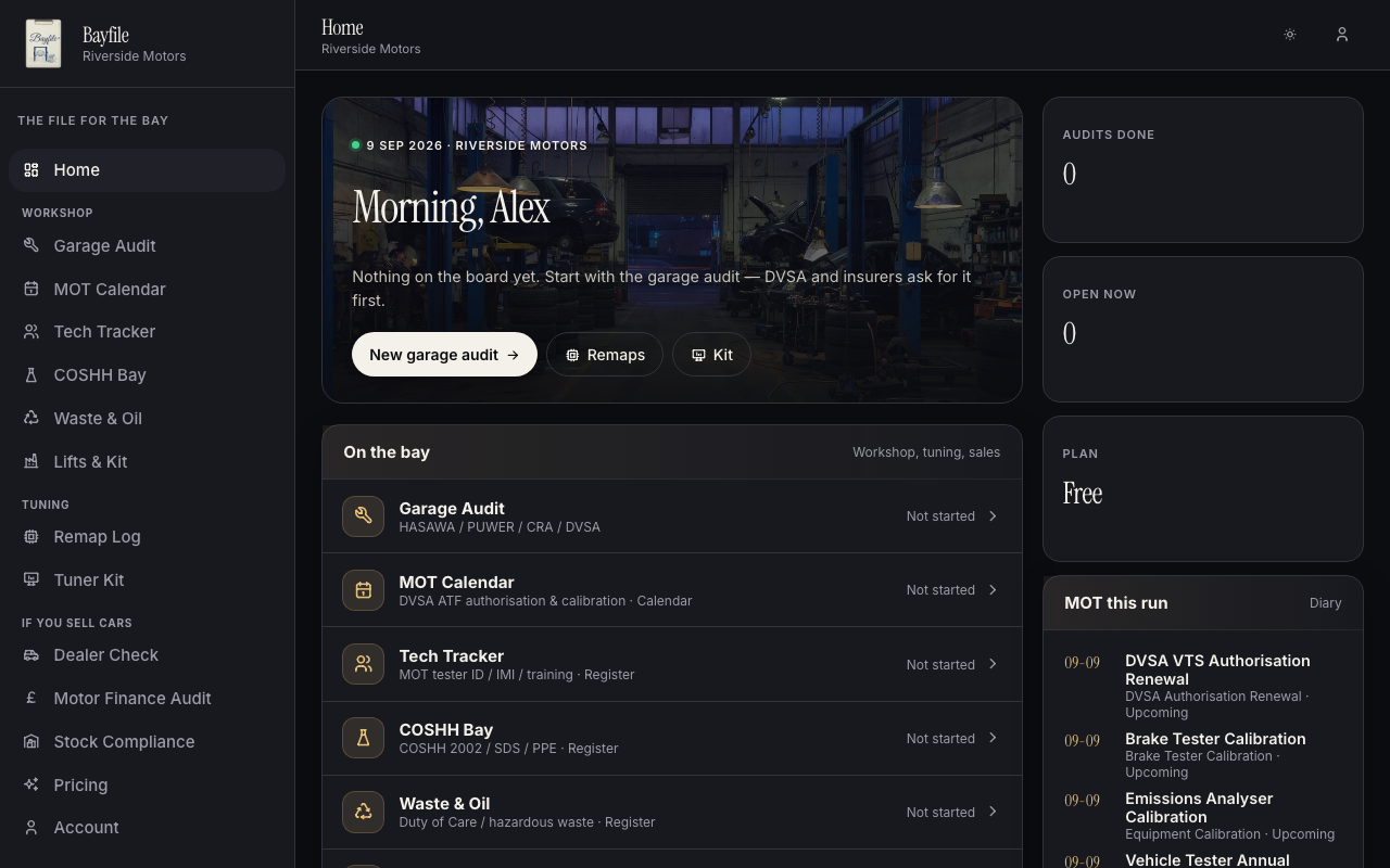 Handover — garage compliance hub